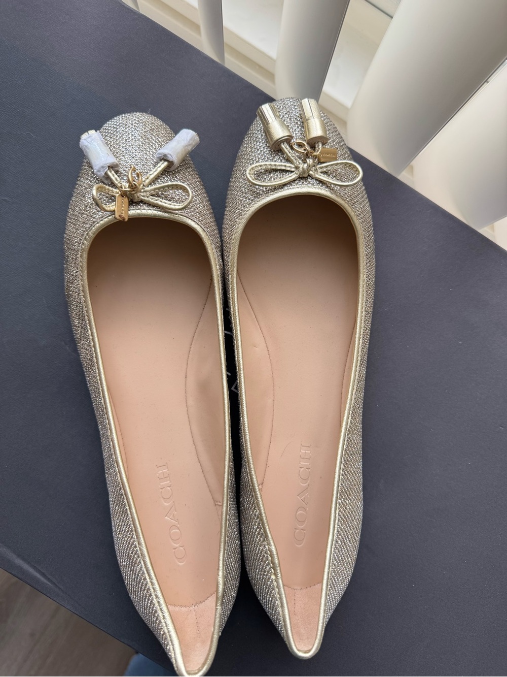 Coach Gold-Tone Glitter Ballet Flats with Bow Detail - Picture 2 of 2